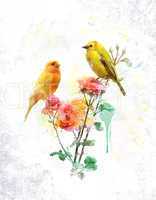 Watercolor Image Of Flowers And Birds