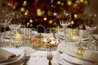 laid table with christmas tree