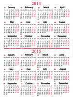 calendar for 2014 and 2015 years