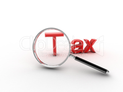 3d imagen to a magnifying glass and word "tax".