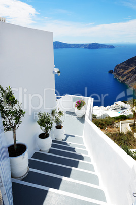 The staicase in house and sea view, Santorini island, Greece