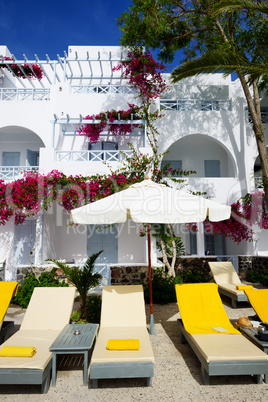 Building of hotel in traditional Greek style, Santorini island,