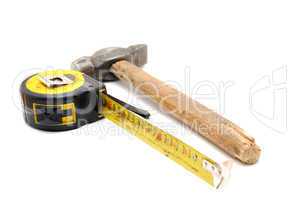 Work tool series: Old tape measure and hammer