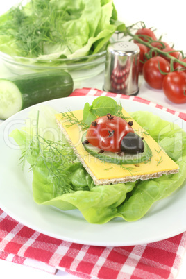 Knäckebrot mit Käse, Salat und Marienkäfer