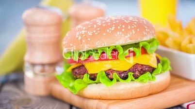 Tasty and appetizing hamburger cheeseburger