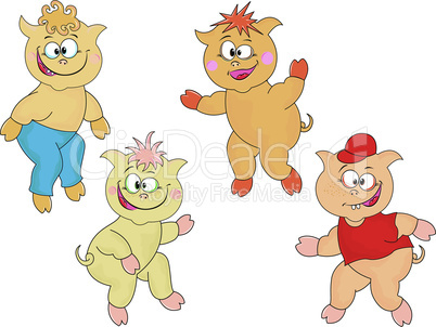 Four funny cartoon piglets