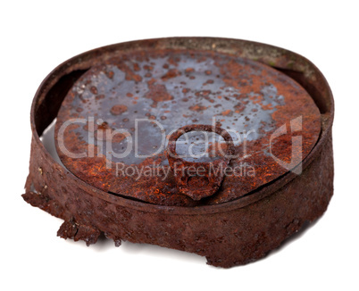 Old rusty tin can isolated on white background