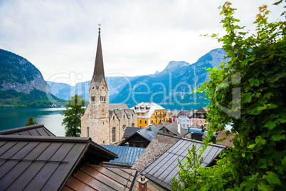 View of Hallstatt village with Christuskirche church bell tower