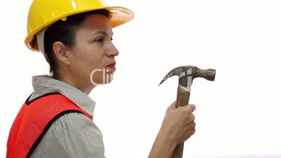 Mad Female Construction Worker With Hammer
