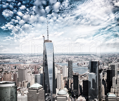 Aerial view of Manhattan at summer sunset