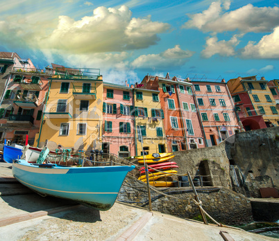 Cinque Terre. Beautiful view of the port with boats and colourfu