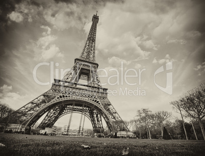 Paris. Wonderful wide angle view of Eiffel Tower from street lev