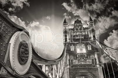 London. Powerful structure of magnificent Tower Bridge at sunset