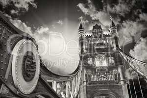 London. Powerful structure of magnificent Tower Bridge at sunset