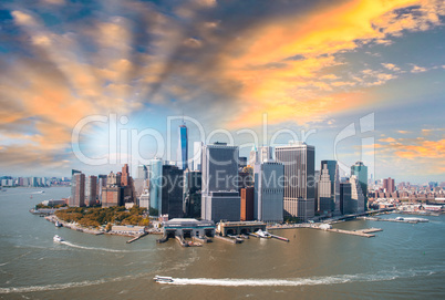 Helicopter view of Lower Manhattan skyline on a beautiful summer