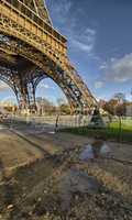 The Eiffel Tower in Paris shot against a blue winter sky