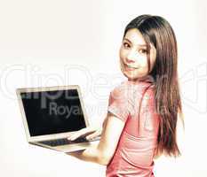 Young beautiful asian girl smiling using her laptop. Isolated on