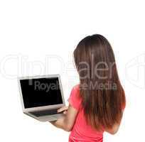 Asian girl standing with laptop. Back view, isolated on white