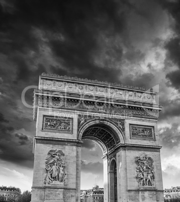 Black and White dramatic view of Triumph Arc in Paris, France