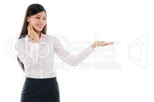 Asian business woman palm holding something