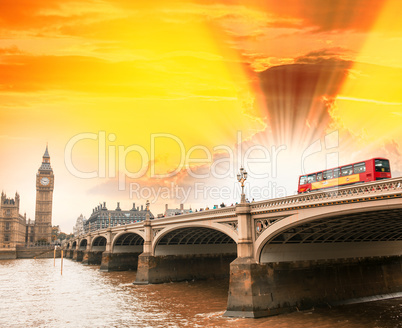 Sunset sky over Westminster Bridge with Double Decker Bus - Lond
