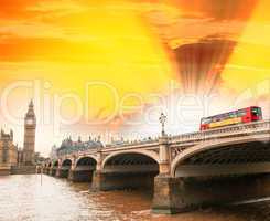 Sunset sky over Westminster Bridge with Double Decker Bus - Lond