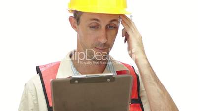 Male Worker With Clipboard Rubbing Head