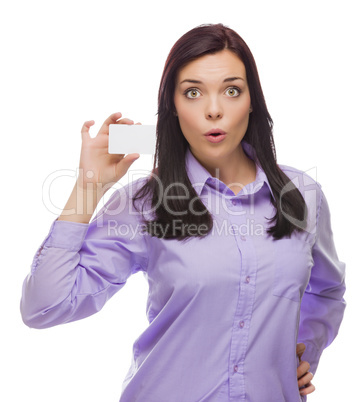 Isolated Mixed Race Stunned Woman Holding Blank Business Card