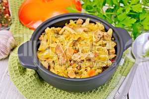 Cabbage stew with meat in black pot on napkin