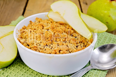 Crumble with pears on board