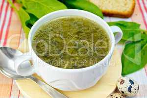 Soup of greens on the fabric with a spoon
