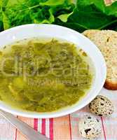 Soup of greenery on fabric with bread