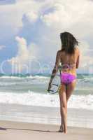 Beautiful Bikini Woman Girl Surfer & Surfboard Beach