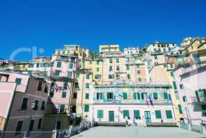 Colourful homes of Riomaggiore. Cinque Terre skyline, Italy