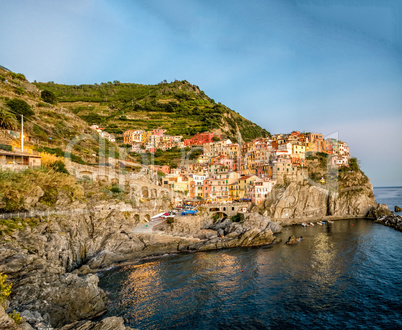 Beautiful seascape of Manarola quaint village in famous Five Lan