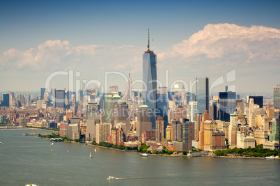 Cityscape view of Lower Manhattan as seen from helicopter, New Y