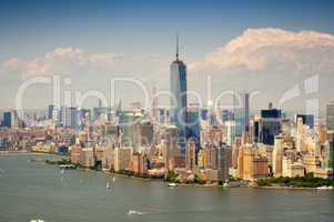 Cityscape view of Lower Manhattan as seen from helicopter, New Y
