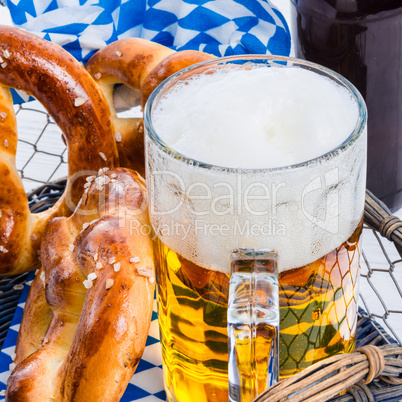 homemade pretzels and bavarian beer