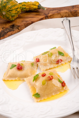 Ravioli with spicy butternut pumpkin filling