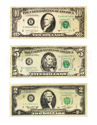 Banknotes of the American dollars face value 2, 5 and 10 dollars