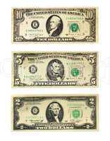 Banknotes of the American dollars face value 2, 5 and 10 dollars