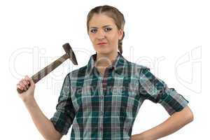 Photo of young woman with hammer