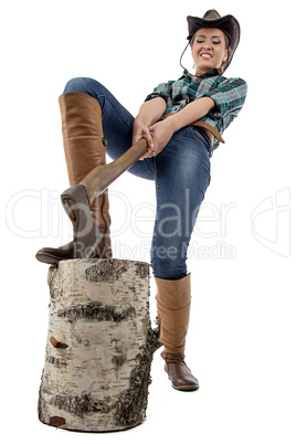 Image of young woman chops wood