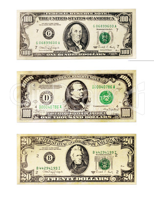 Banknotes of the American dollars face value 20, 100 and 1000