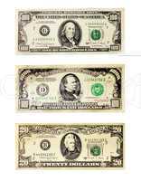 Banknotes of the American dollars face value 20, 100 and 1000