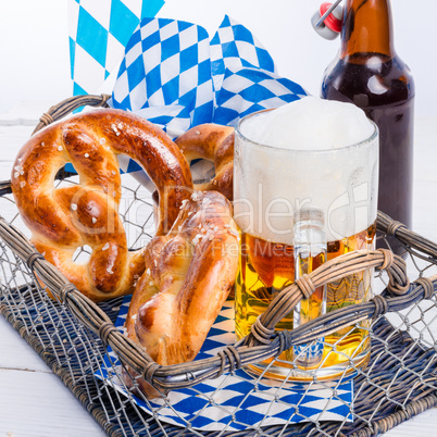 homemade pretzels and bavarian beer