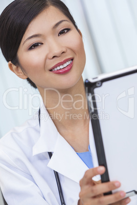 Chinese Female Woman Hospital Doctor Using Tablet Computer