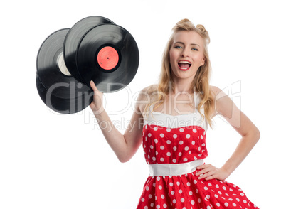 Frau mit Schallplatten