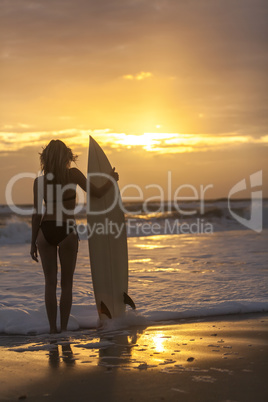 Woman Bikini Surfer & Surfboard Sunset Beach