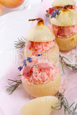 stuffed onions with pink rice